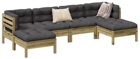 6 pcs conjunto sofás de jardim c/ almofadões pinho impregnado