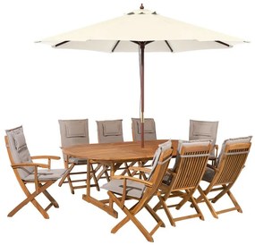 Conjunto de jardim com mesa 8 e cadeiras com almofadas taupe mais guarda-sol creme MAUI Beliani