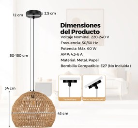 Candeeiro Teto esférico suspensa fácil de instalar, lâmpada incluída, para sala de jantar, sala de estar, quarto... 43 x 34 cm, cor castanho café