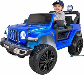 Jeep elétrico 12V 4x4 para crianças 1 a 6 anos Wrangler Rubicon Style rodas Borracha e controlo remoto Azul Metalizado