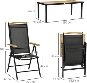 Conjunto de jardim para 6 pessoas, estrutura em alumínio, mesa de 190 cm, 6 cadeiras dobráveis e reclináveis, preto