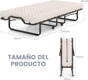 Cama dobrável 80 x 200 cm com rodas e colchão de espuma viscoelástica e fibra hipoalergénica Cama de hóspedes compacta e portátil