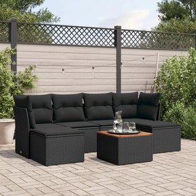 7 pcs conjunto de sofás p/ jardim c/ almofadões vime PE preto