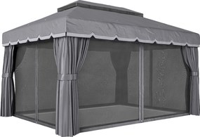 Pérgola de Jardim 390x290x270 cm com 4 Cortinas Laterais 4 Telas Mosquiteiras e 8 Orifícios de Drenagem Cinza