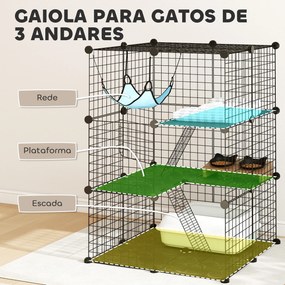 Gaiola Interior para Gatos de 3 Níveis em Aço com 3 Portas, 2 Escadas e Rede, 70x70x105 cm, Preto