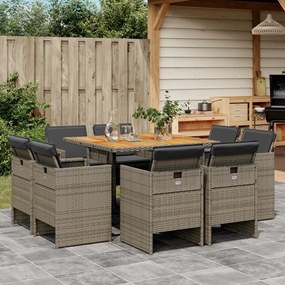 vidaXL 9 pcs conjunto de jantar p/ jardim c/ almofadões vime PE cinza