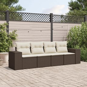 4 pcs conjunto sofás de jardim c/ almofadões vime PE castanho