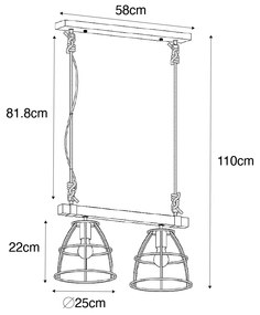 Candeeiro suspenso industrial cinza escuro com madeira 2 luzes - Arthur Industrial