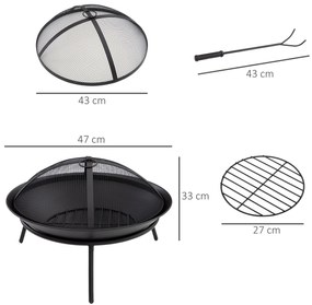 Outsunny Braseiro de Exterior Braseiro de Metal com Tampa Protetora de Faíscas e Atiçador para Varanda Campismo Ar Livre Ø47x33 cm Preto