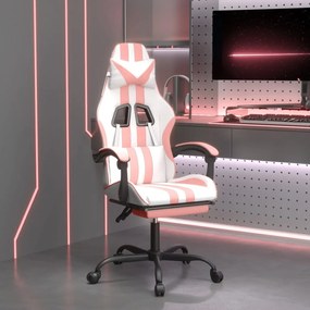 Cadeira gaming giratória c/ apoio pés couro artif. branco/rosa