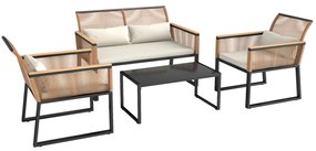 Outsunny Conjunto de Jardim 4 Peças de Vime Sintético com 2 Cadeiras 1 Sofá de 2 Lugares e Mesa de Centro Madeira e Creme | Aosom Portugal