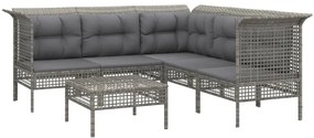 6 pcs conjunto lounge de jardim c/ almofadões vime PE cinzento