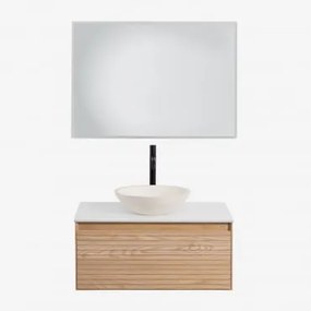 Conjunto De Móveis De Banheiro Em Madeira Tedrik Ash Castanho Fresno & Cimento Redondo Branco Ø40 Cm Zavion & Led Retangular - Sklum