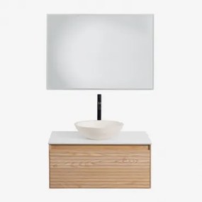 Conjunto De Móvel De Casa De Banho Suspenso Em Madeira De Freixo Tedrik Castanho Fresno & Cimento Redondo Branco Ø40 Cm Zavion & Led - Sklum