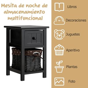 Mesa de cabeceira de madeira com 1 gaveta e 1 mesa lateral com cesto de vime para quarto, sala de estar, estudo 31 x 28 x 45 cm preto