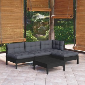 vidaXL 5 pcs conjunto lounge de jardim c/ almofadões pinho preto