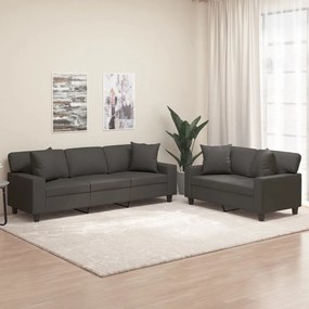 vidaXL 2 pcs conjunto sofás c/ almofadas/almofadões couro artif. cinza