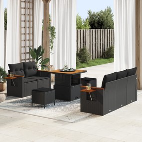 Conjunto de Sofá de Jardim vidaXL 8 Peças com Almofadas Preto Vime PE Acácia