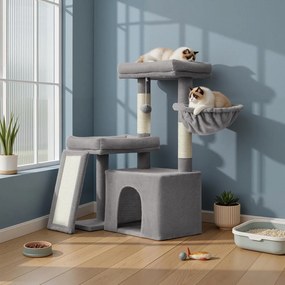 Arranhador para gatos com caverna 92,5 x 58,9 x 85,8 cm, árvore para gatos com rampa e cesto, 2 plataformas grandes cinzento claro