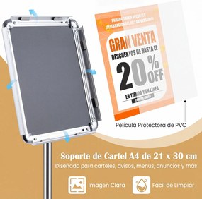 Conjunto de 2 Suportes de Chão para Cartazes A4, 30 x 21 x 81-131 cm, Altura Ajustável, Prateado