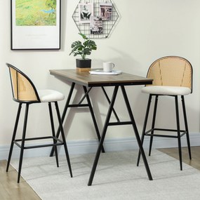 Conjunto de 2 Bancos de Bar Altos de Cozinha (MESA NÃO INCLUIDA) com Encosto de Vime Assento Estofado em Borrego 48x54x102 cm Creme