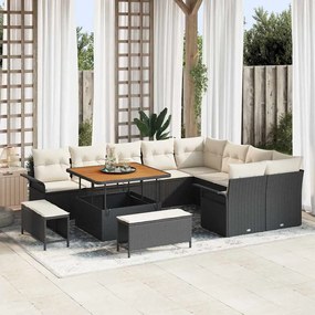 Conjunto de Sofá de Jardim vidaXL de 12 Peças com Almofadas Preto Rattan PE Acácia