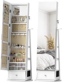 HOMCOM Espelho de Pé Giratório 360° com Espelho com Interior Iluminado Organizador de Jóias com Prateleiras e Gavetas 56x56x164 cm Branco | Aosom Portugal