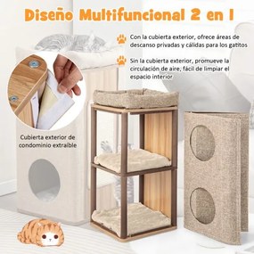 Casa para gatos de 3 andares 38 x 38 x 77,5 cm com tabuleiro para arranhar, 2 esconderijos e poleiro superior –  – Natural e bege