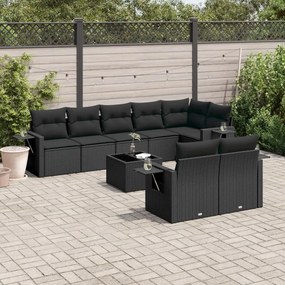 9 pcs conjunto de sofás p/ jardim c/ almofadões vime PE preto