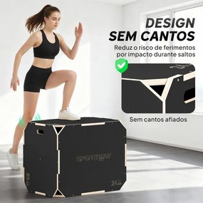 Caixa Pliométrica de Madeira com 3 Alturas Diferentes para Treino de Salto Força em Casa Ginásio e Exterior 76x61x Preto