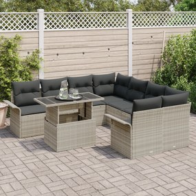 Conjunto de Sofá de Jardim de 9 Peças com Almofadas Cinza Claro Rattan