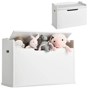 Arca de brinquedos com tampa Tampa elevável Caixa de brinquedos com banco Utilização dupla como banco grande de madeira Branco