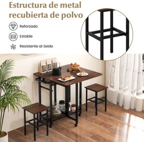 Conjunto de mesa de jantar alta dobravel com 2 bancos Estante para 6 garrafas, prateleiras e pega lateral para cozinha Castanho