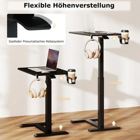 Mesa de computador com rodas ocultas, ajustável em altura com suporte para copos e gancho, preta