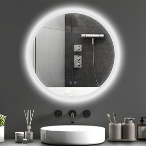 Espelho Casa de Banho Redondo com Luzes LED Ø60 cm Função Antiembaciamento 3 Luzes Função de Memória e Interruptor Tátil Prata