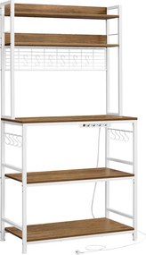 Estante de cozinha 40 x 80 x 170 cm com tomadas e prateleira de grade castanho-branco