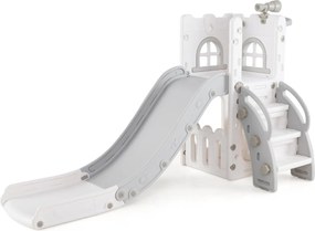 Escorrega infantil 6 em 1 para crianças com cesto de basquetebol e telescópio, com espaço de arrumação cinzento e branco