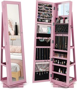 Espelho giratório 360° para joias com espelho de corpo inteiro Organizador de joias com espelho para maquilhagem 39 x 39 x 161 cm Rosa