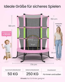 Trampolim infantil de 174 cm com rede de segurança e cobertura para os bordos rosa