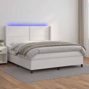 Cama box spring c/colchão/LED 180x200cm couro artificial branco