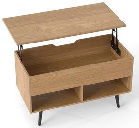 Mesa de centro com tampo elevável 80 x 40 x 46 cm, compartimento oculto e 2 prateleiras para sala de estar Natural