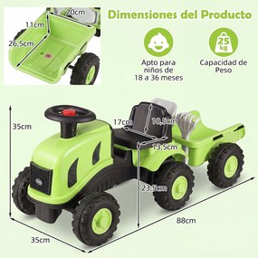 Andarilho Trator Infantil sem Pedais com Reboque, 88 x 35 x 35 cm crianças de 18 a 36 meses, Verde