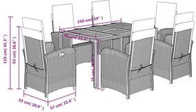 7 pcs conjunto de jantar p/ jardim c/ almofadões vime PE preto