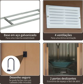Abrigo de Jardim 213x130x185cm Abrigo de Jardim Metálico de Exterior com 2 Portas Deslizantes e 4 Janelas Castanho Claro