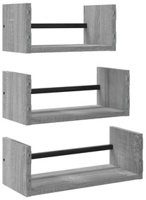 3pcs prateleiras parede c/ barras deriv. madeira cinza sonoma