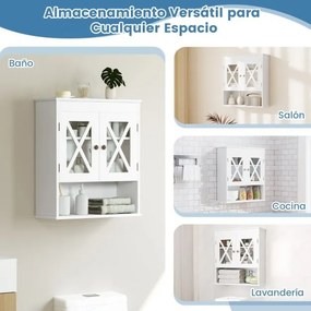 Armário de parede de casa de banho 54 × 20 × 60 cm com prateleira ajustável Prateleira aberta com 2 portas transparentes Branco