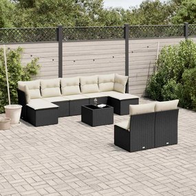 10 pcs conjunto sofás de jardim c/ almofadões vime PE preto