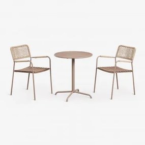 Conjunto De Mesa De Jardim Redonda Ø65 Cm E 2 Cadeiras De Jardim Empilháveis Em Aço E Madeira De Acácia Tilda Moka Brown - Sklum