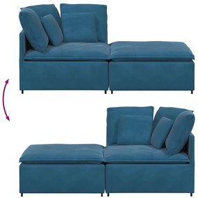 Sofá modular com pufes e almofadas veludo azul
