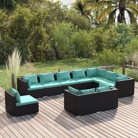 vidaXL 10 pcs conjunto lounge de jardim c/ almofadões vime PE preto